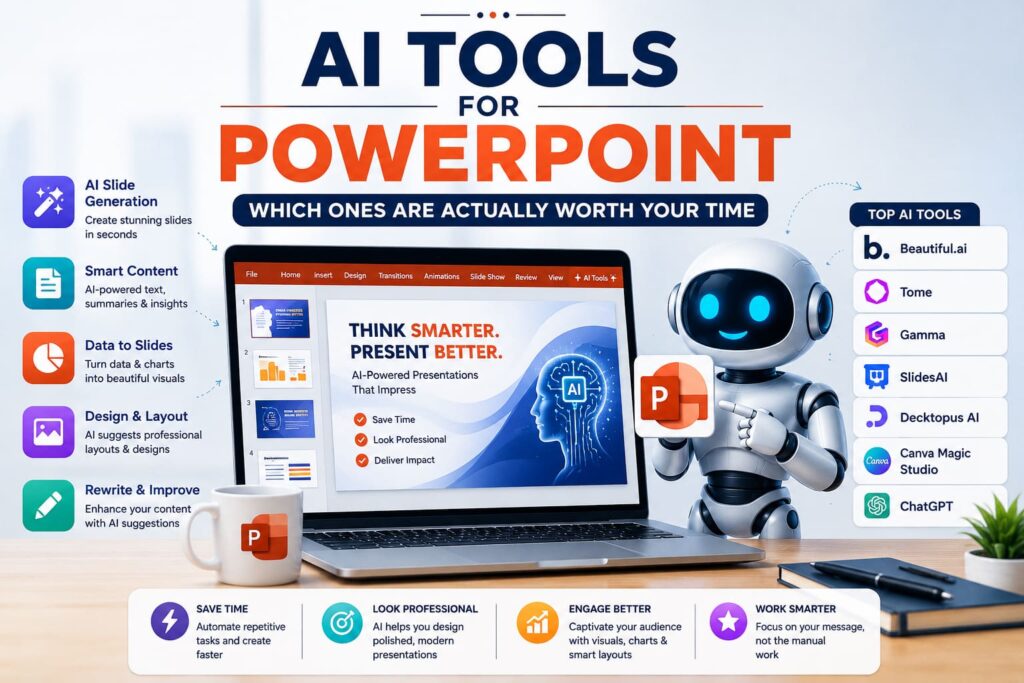 AI tools for PowerPoint post image featuring a robot, laptop presentation, slide generation, smart content, data-to-slides, design tools, and top AI presentation platforms.