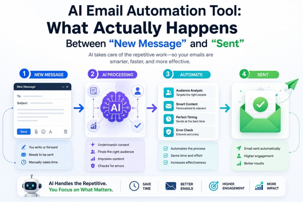 AI email automation tool showing how a new message is processed, personalized, automated, checked, and sent