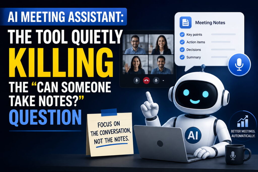 AI meeting assistant automatically taking meeting notes, capturing key points, action items, decisions, and summaries.