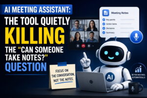 AI meeting assistant automatically taking meeting notes, capturing key points, action items, decisions, and summaries.
