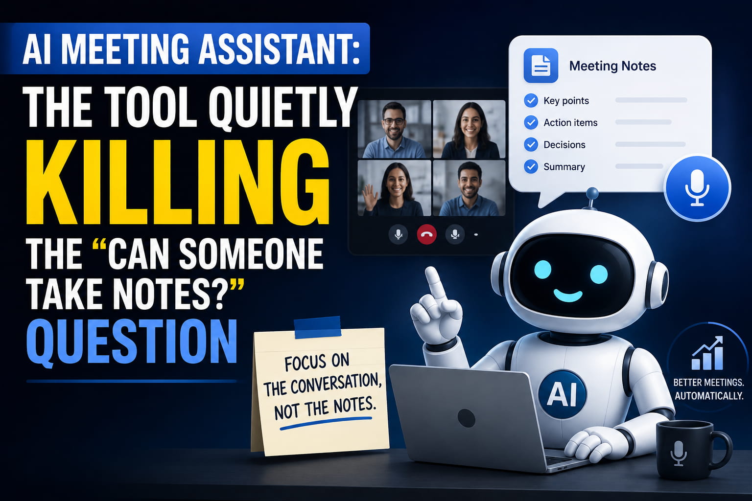 AI meeting assistant automatically taking meeting notes, capturing key points, action items, decisions, and summaries.