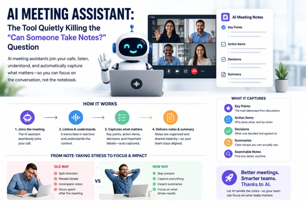 AI meeting assistant infographic showing how AI joins meetings, captures key points, action items, decisions, summaries, and searchable notes.