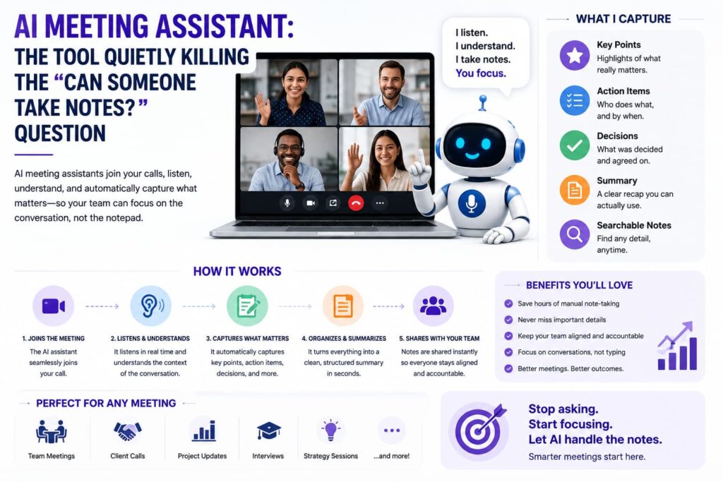 AI meeting assistant infographic showing how AI joins meetings, listens, captures key points, organizes summaries, and shares notes with the team.