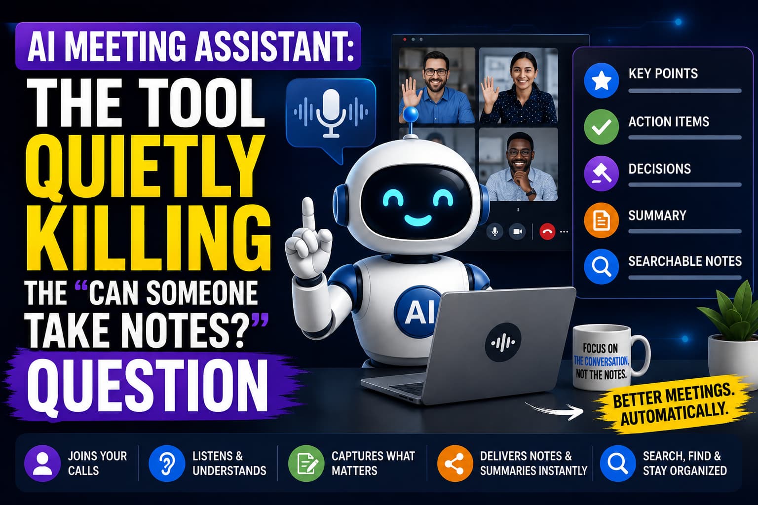 AI meeting assistant automatically taking notes, capturing key points, action items, decisions, and summaries during a video meeting.