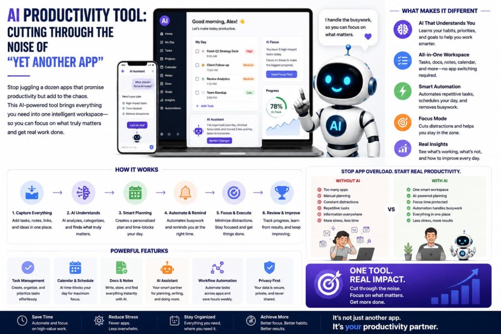 AI productivity tool infographic showing how one AI workspace reduces app overload by organizing tasks, automating busywork, and improving focus.