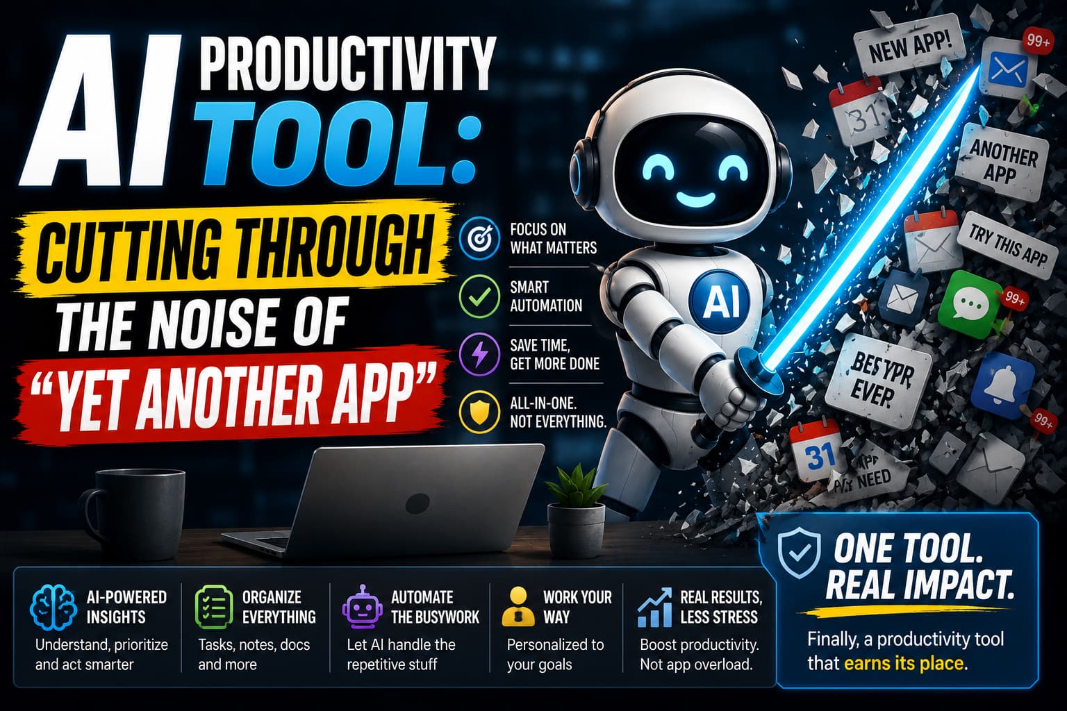 AI productivity tool helping cut through app overload, organize tasks, automate busywork, and improve focus.