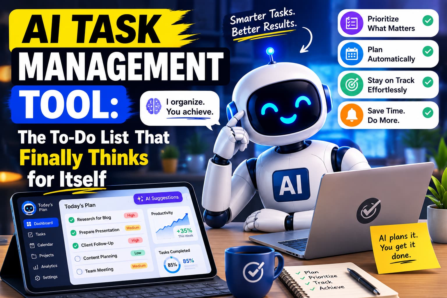 AI task management tool showing an intelligent to-do list that prioritizes tasks, plans schedules, and helps users stay productive.