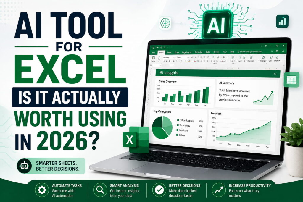 AI tool for Excel 2026 showing an AI-powered spreadsheet dashboard, sales insights, forecasts, and data analysis