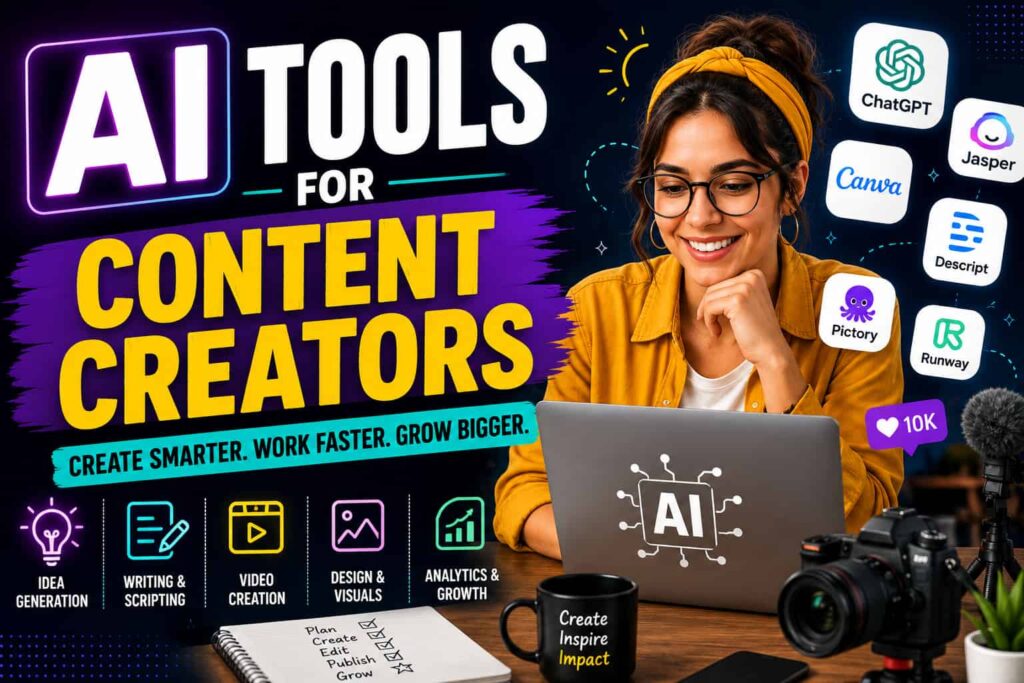 AI tools for content creators featuring a creator using a laptop with camera, microphone, and AI software