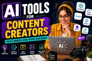 AI tools for content creators featuring a creator using a laptop with camera, microphone, and AI software