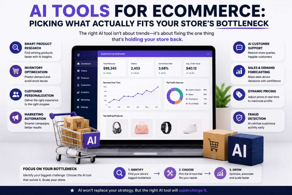 AI tools for ecommerce stores matched to common business bottlenecks such as inventory, marketing, customer support, and sales