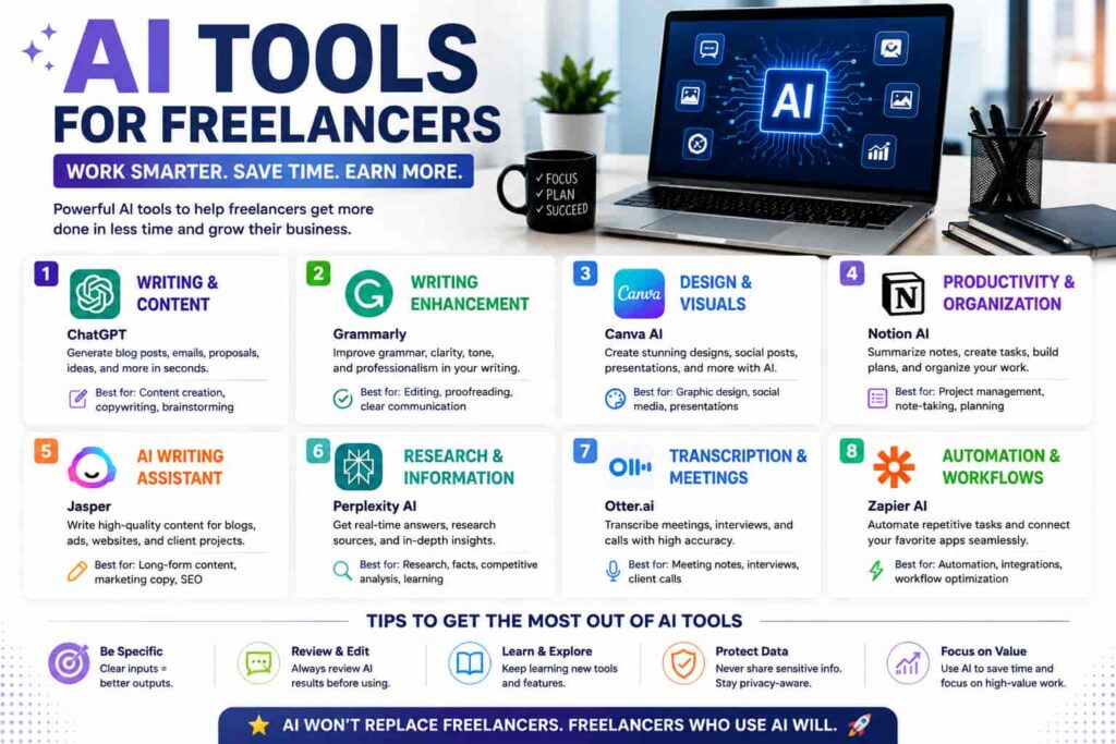 AI tools for freelancers including writing, design, productivity, research, transcription, and automation tools