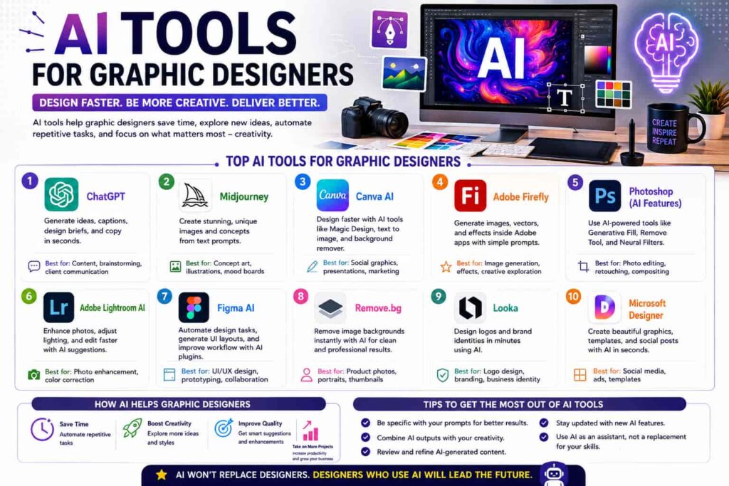AI tools for graphic designers including ChatGPT, Midjourney, Canva AI, Adobe Firefly, Photoshop AI, Lightroom AI, Figma AI, Remove.bg, Looka, and Microsoft Designer