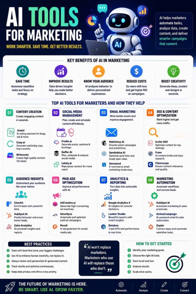 AI tools for marketing including content generation, email marketing, SEO optimization, audience insights, analytics, social media management, automation, and design