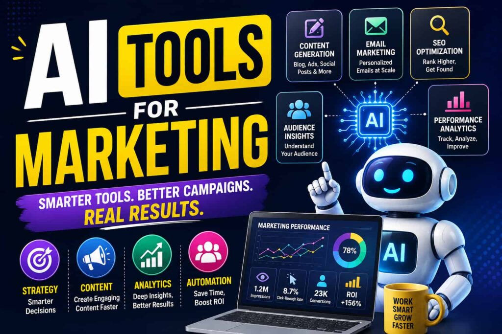 AI tools for marketing featuring content generation, email marketing, SEO optimization, audience insights, analytics, and automation