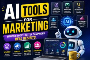 AI tools for marketing featuring content generation, email marketing, SEO optimization, audience insights, analytics, and automation