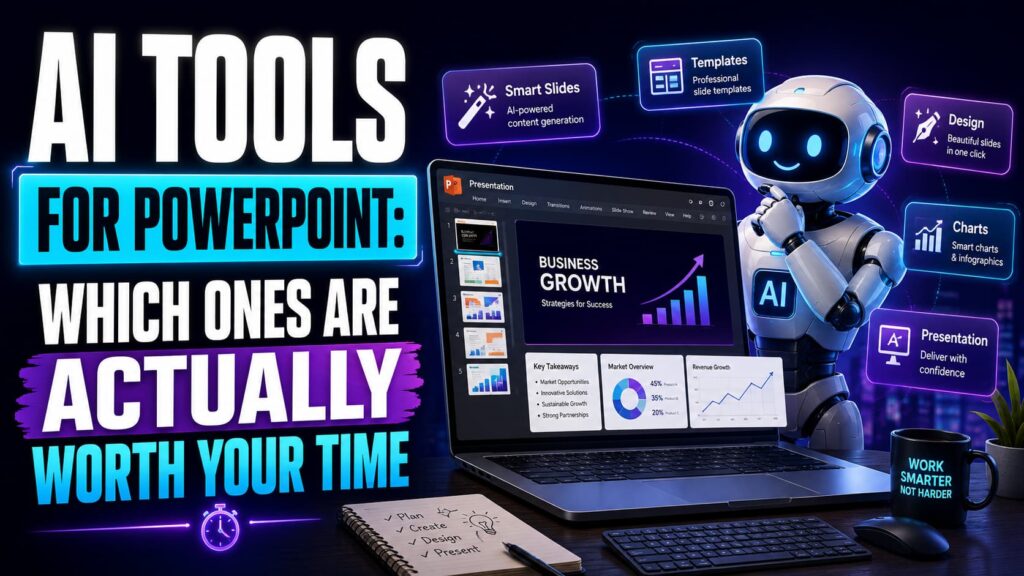 AI tools for PowerPoint thumbnail featuring a futuristic robot, laptop presentation screen, smart slides, templates, charts, design tools, and presentation features.