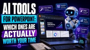 AI tools for PowerPoint thumbnail featuring a futuristic robot, laptop presentation screen, smart slides, templates, charts, design tools, and presentation features.