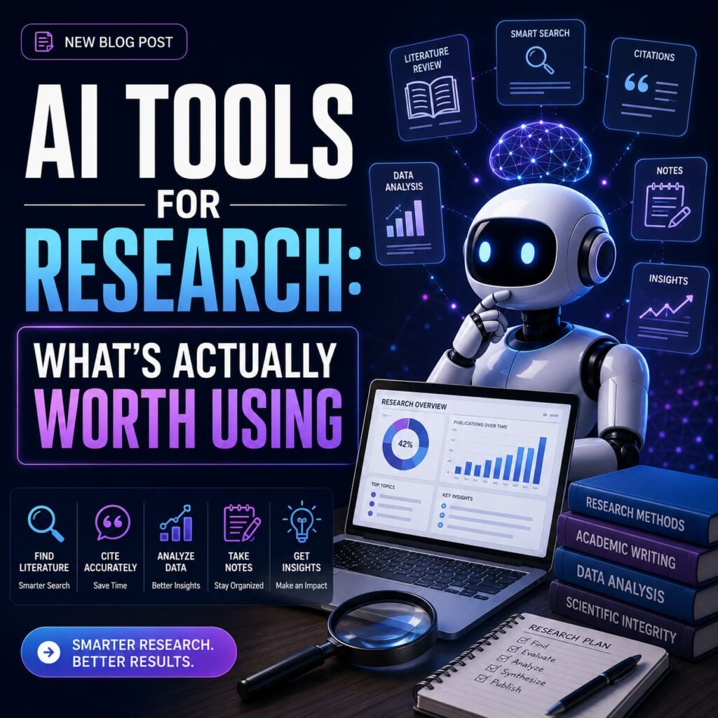 AI tools for research post image featuring a futuristic robot, laptop with research analytics, magnifying glass, books, and icons for literature review, citations, data analysis, notes, and insights.