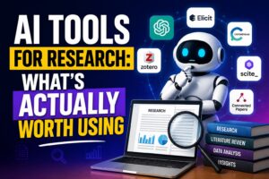 Alt Text AI tools for research thumbnail featuring a futuristic robot, laptop, research books, magnifying glass, and popular AI research platforms.
