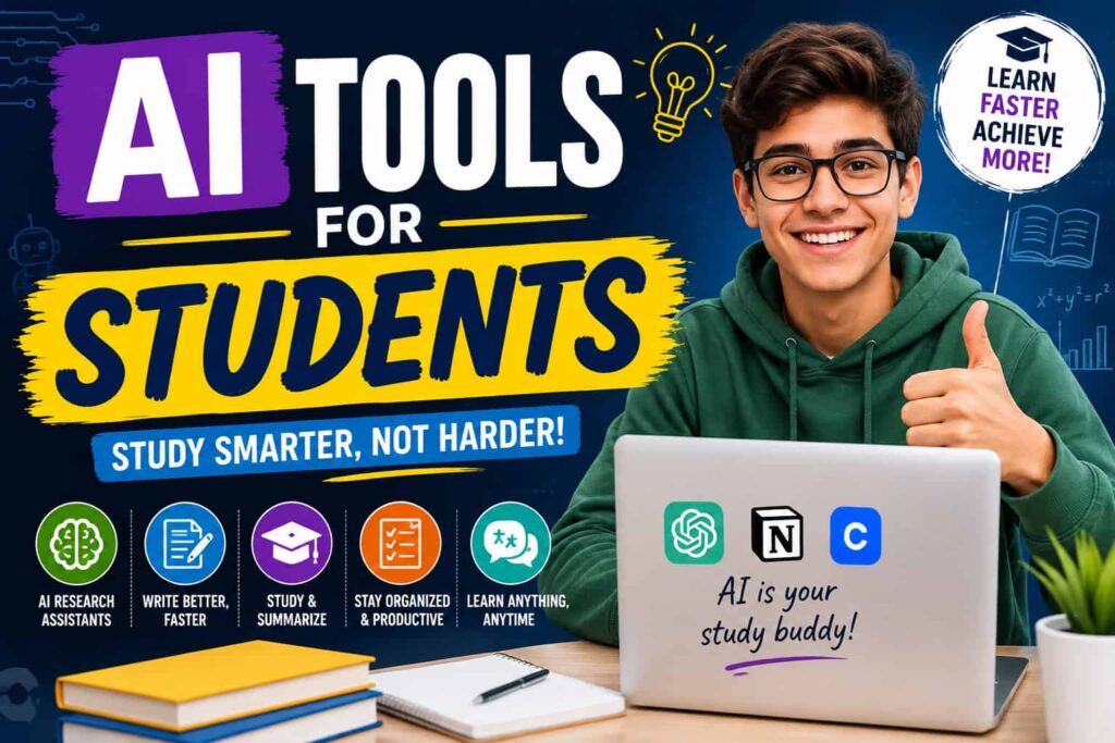 AI tools for students featuring a student using a laptop for research, writing, studying, summarizing, and organization