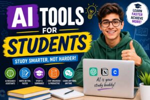 AI tools for students featuring a student using a laptop for research, writing, studying, summarizing, and organization