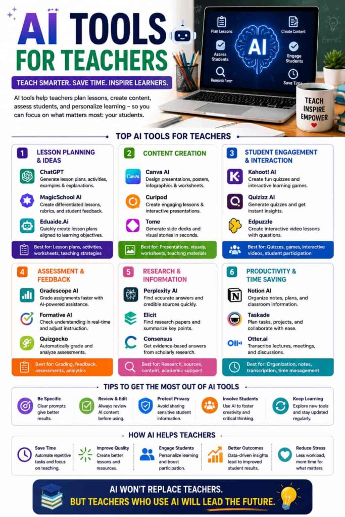 AI tools for teachers for lesson planning, content creation, student engagement, assessment, research, productivity, and classroom management