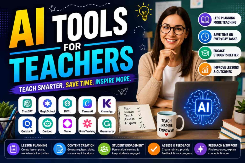 AI tools for teachers featuring lesson planning, content creation, student engagement, assessment, research, and educational technology