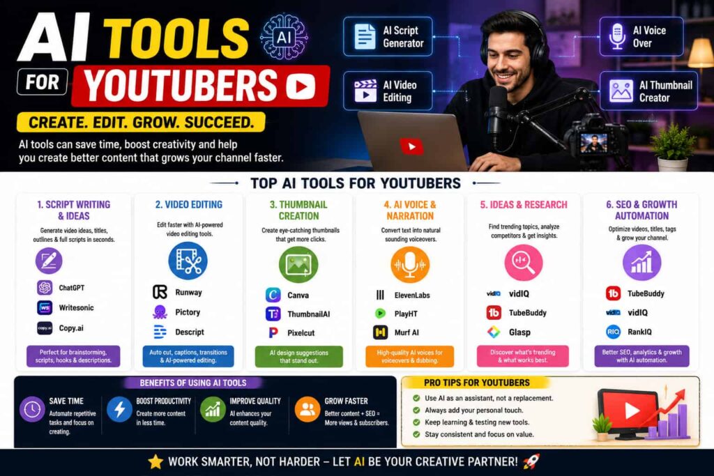 AI tools for YouTubers infographic featuring AI script writing, video editing, thumbnail creation, voiceover, research, SEO, and channel growth tools
