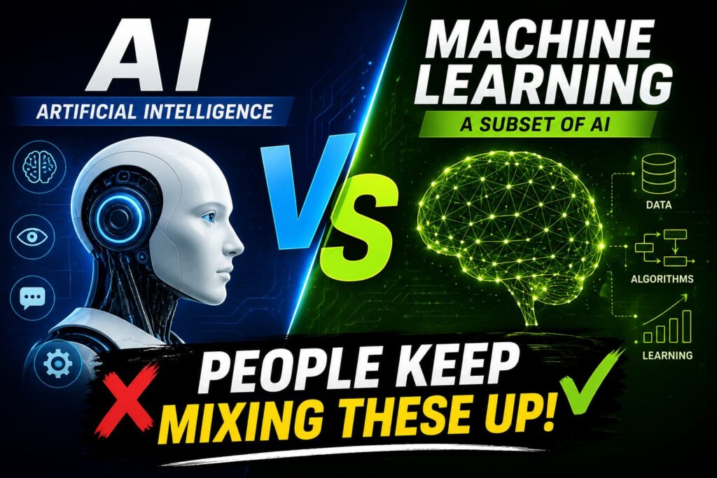 AI vs Machine Learning comparison showing artificial intelligence, machine learning, neural networks, algorithms, and data