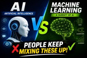 AI vs Machine Learning comparison showing artificial intelligence, machine learning, neural networks, algorithms, and data