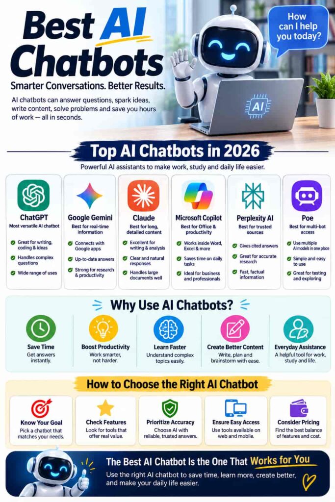 Best AI chatbots in 2026 including ChatGPT, Google Gemini, Claude, Microsoft Copilot, Perplexity AI, and Poe