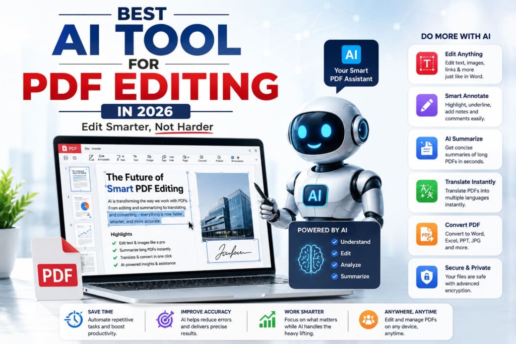 Best AI tool for PDF editing in 2026 post image featuring an AI robot, laptop PDF editor, smart annotations, summarization, translation, conversion, and secure editing features.