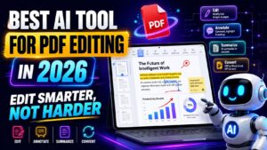 Best AI tool for PDF editing in 2026 thumbnail featuring a futuristic AI robot, laptop with an editable PDF document, annotations, summaries, conversion tools, and smart editing features.