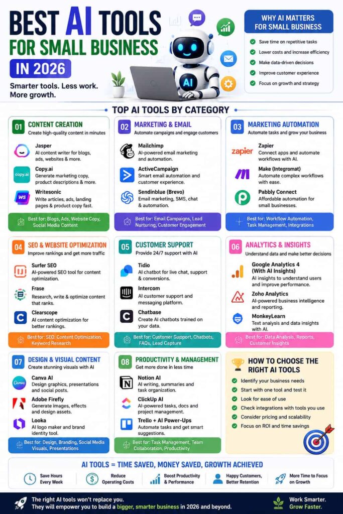 Best AI tools for small business in 2026 including content creation, email marketing, automation, SEO, customer support, analytics, design, and productivity tools