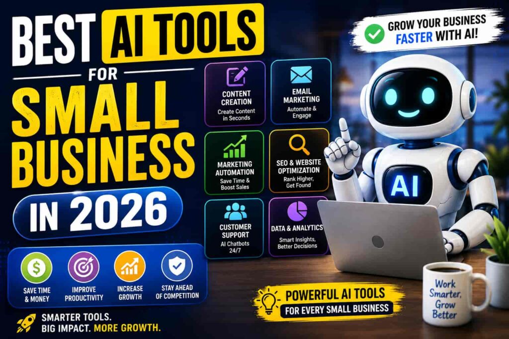 Best AI tools for small business in 2026 featuring content creation, email marketing, automation, SEO, customer support, and analytics