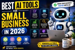 Best AI tools for small business in 2026 featuring content creation, email marketing, automation, SEO, customer support, and analytics