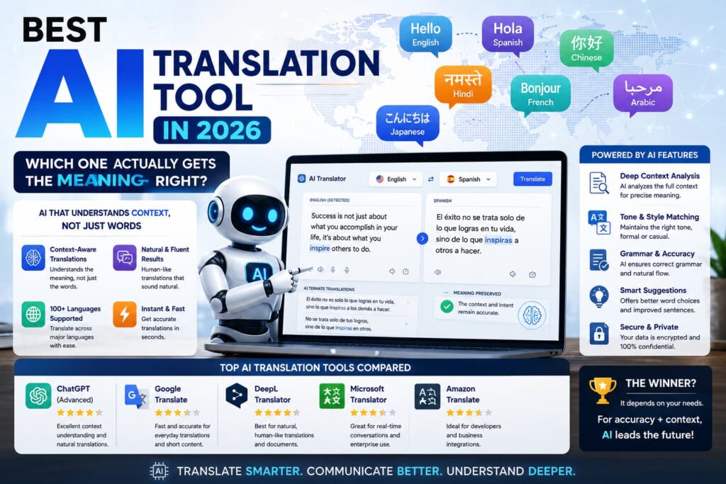Best AI translation tool in 2026 post image featuring an AI robot, multilingual translation interface, global language bubbles, context-aware features, and top AI translation tools.