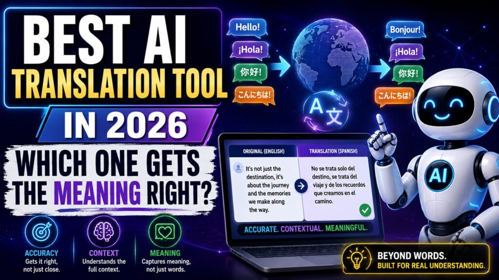 Best AI translation tool in 2026 thumbnail featuring an AI robot, multilingual speech bubbles, global translation graphics, and a laptop showing context-aware language translation.