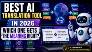 Best AI translation tool in 2026 thumbnail featuring an AI robot, multilingual speech bubbles, global translation graphics, and a laptop showing context-aware language translation.