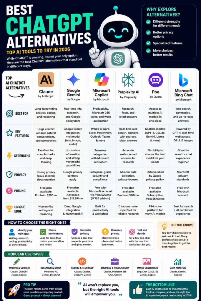 Best ChatGPT alternatives in 2026 compared, including Claude, Google Gemini, Microsoft Copilot, Perplexity AI, Poe, and Bing Chat