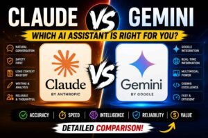 Claude vs Gemini comparison showing AI assistant features, writing, analysis, coding, speed, accuracy, and Google integration