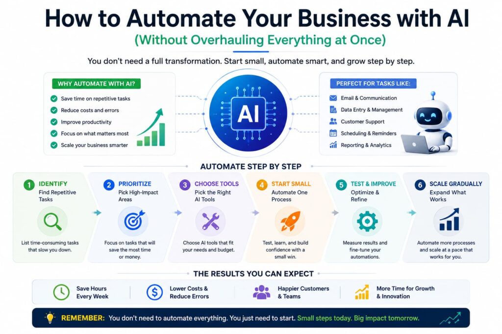 Step-by-step AI business automation process showing how to identify tasks, choose tools, start small, test, improve, and scale gradually
