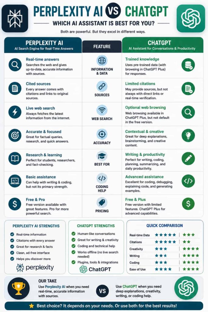 Perplexity AI vs ChatGPT comparison infographic showing web search, citations, writing, coding, creativity, pricing, and key strengths