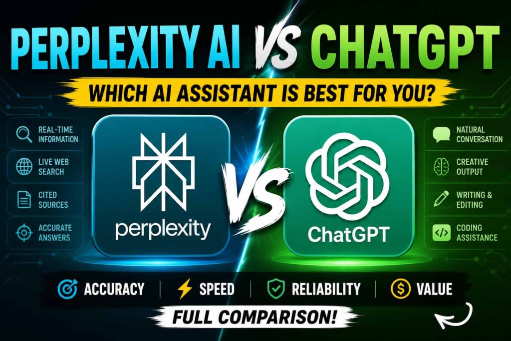 Perplexity AI vs ChatGPT comparison showing key features, research, web search, writing, coding, and conversational AI
