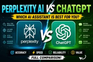 Perplexity AI vs ChatGPT comparison showing key features, research, web search, writing, coding, and conversational AI