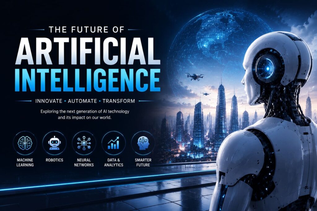 Futuristic artificial intelligence blog post image featuring a humanoid AI robot, digital globe, smart city skyline, machine learning icons, neural networks, and advanced AI technology concepts.