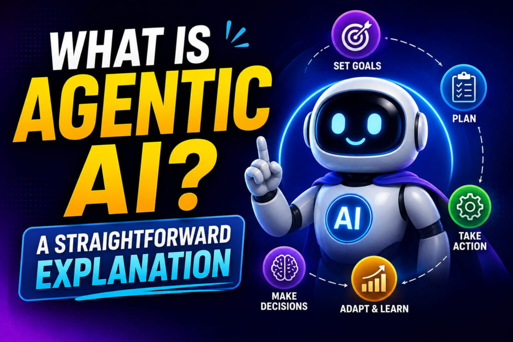 What is Agentic AI infographic showing an AI agent that can set goals, plan tasks, take action, make decisions, and adapt