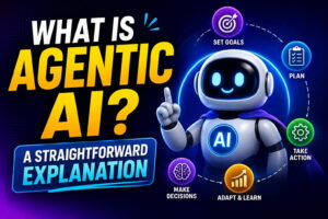 What is Agentic AI infographic showing an AI agent that can set goals, plan tasks, take action, make decisions, and adapt