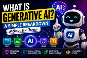 What is Generative AI infographic showing how generative AI creates text, images, music, and videos with a simple jargon-free explanation